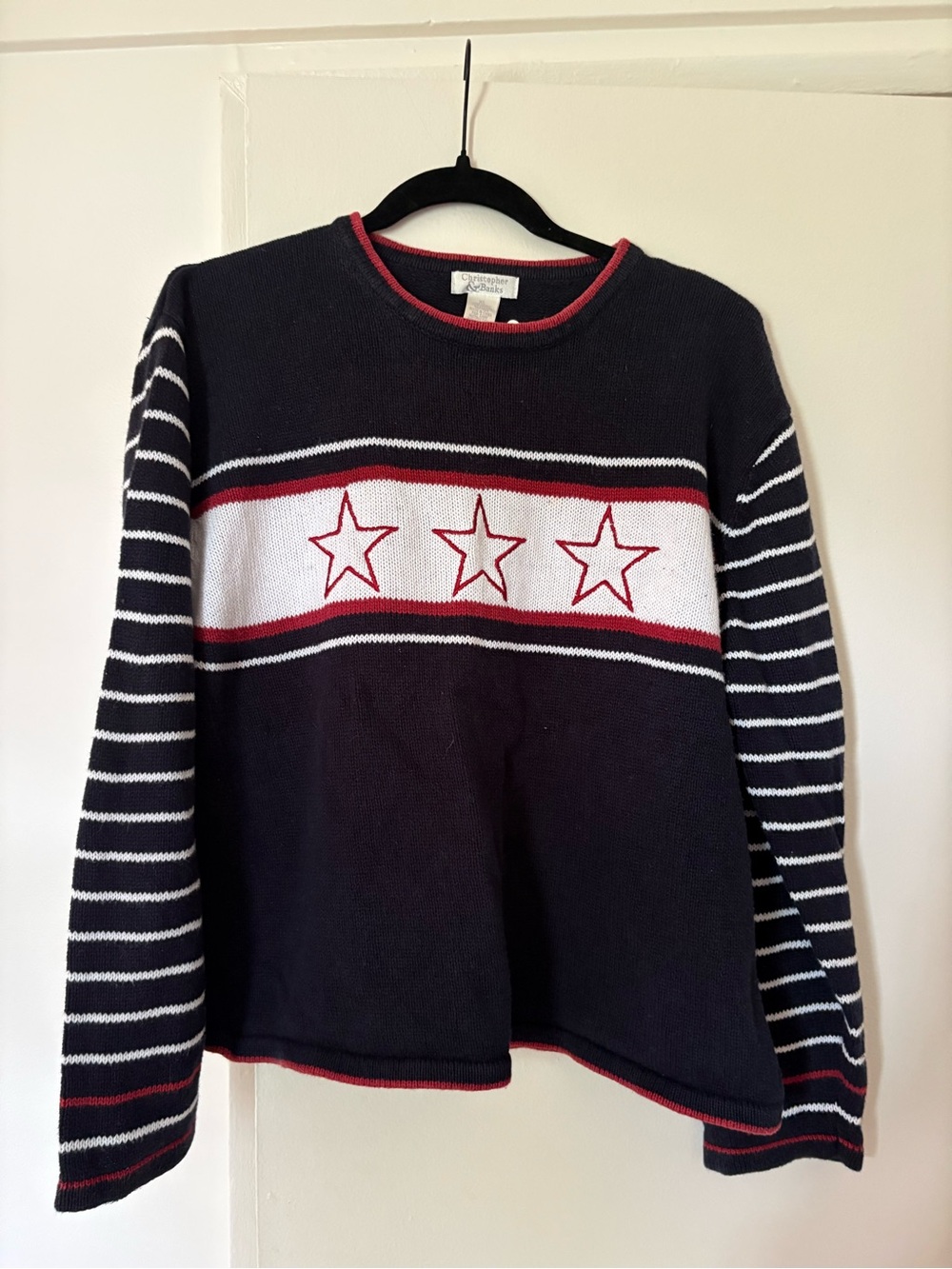 Christopher & Banks Navy Stripe Star Knit Sweater with Red Trim